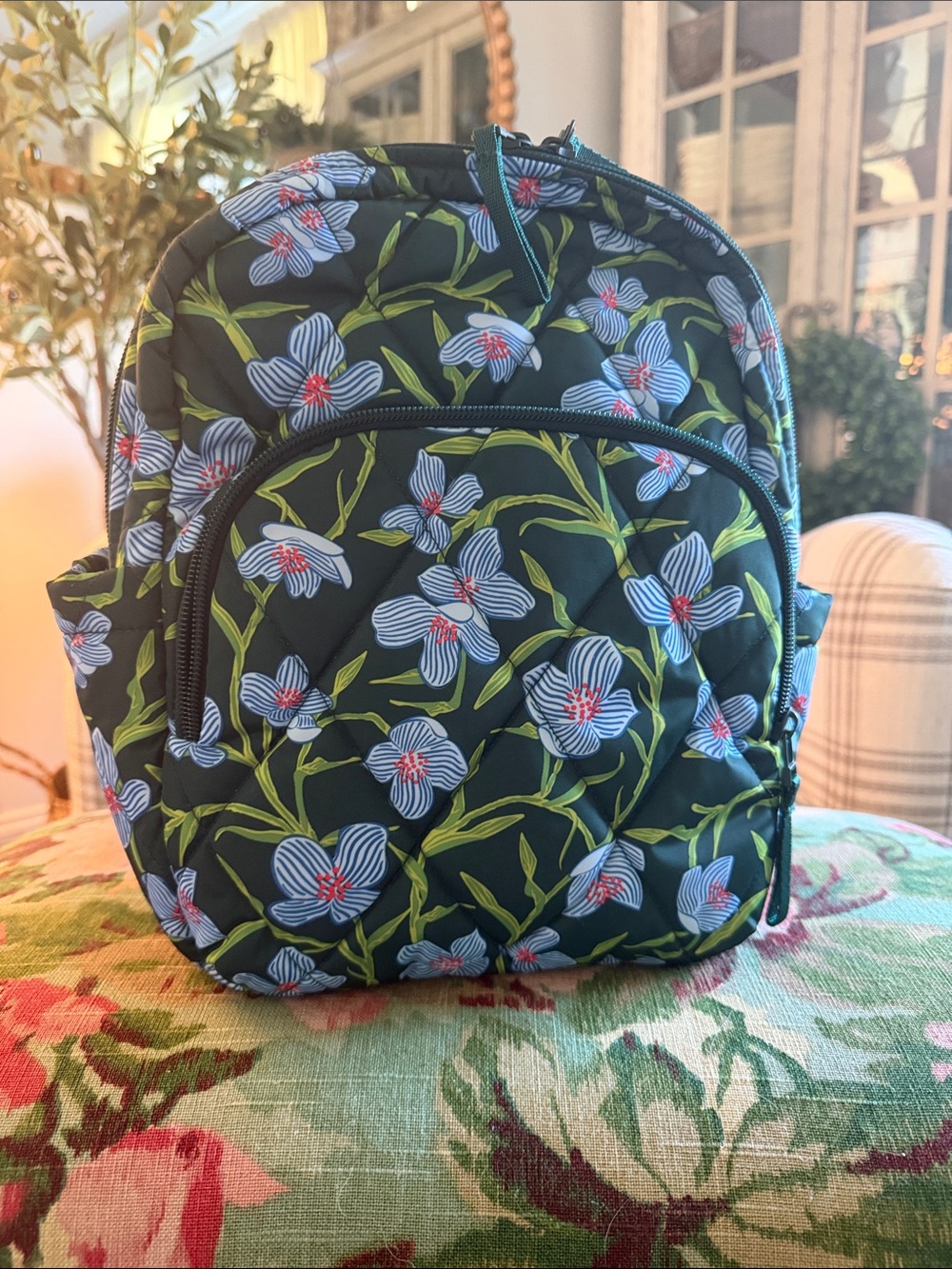 Vera Bradley Black Floral Quilted Mini Backpack with Blue and Green Accents